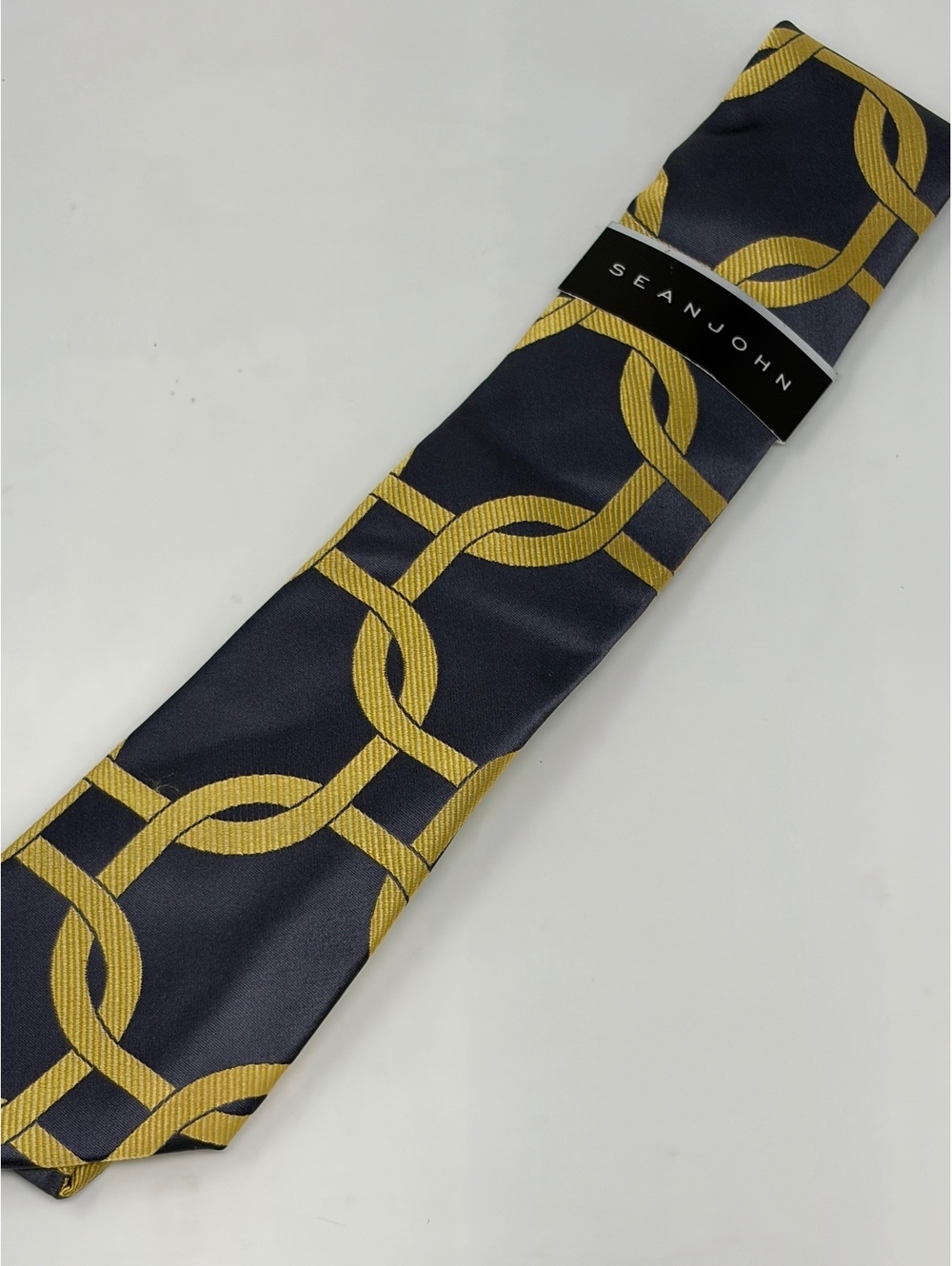 Sean John Men's Tie Navy Blue with Yellow Chain Pattern